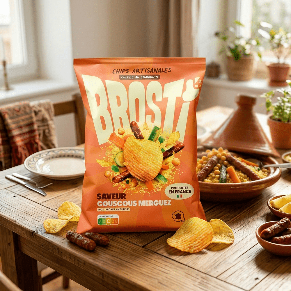 Le paquet de snack salé Brosti Couscous merguez de McFly & Carlito est posé sur une table à manger et bois, à côté du paquet de chips se trouve un plat de couscous dans une tajine – disponible sur My American Shop