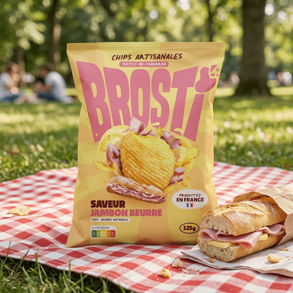Le paquet de snack salé Brosti Jambon Beurre de McFly & Carlito est posé sur une nappe de pique nique dans un parc, à côté du paquet de chips se trouve un sandwich baguette jambon beurre – disponible sur My American Shop