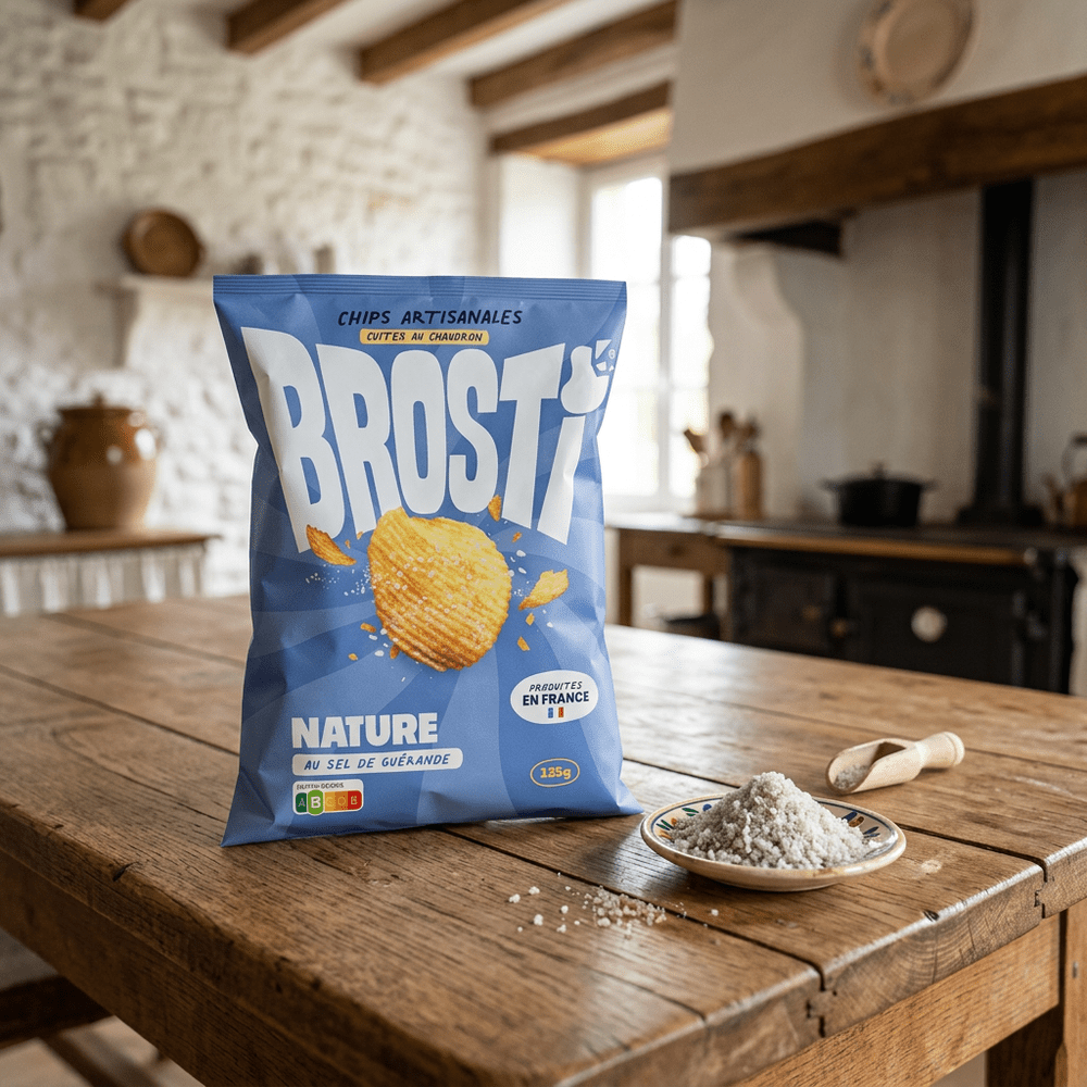 Le paquet de snack salé Brosti Sel & Vinaigre de McFly & Carlito est posé sur une table en bois d’une cuisine, à côté du paquet de chips se trouve une coupole avec du gros sel – disponible sur My American Shop