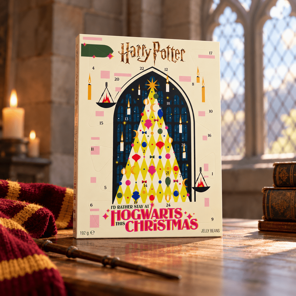 Calendrier de l'Avent Harry Potter Hogwarts Christmas 192 g avec bonbons Jelly Belly, présenté dans un décor inspiré de Poudlard avec écharpe et baguette magique.