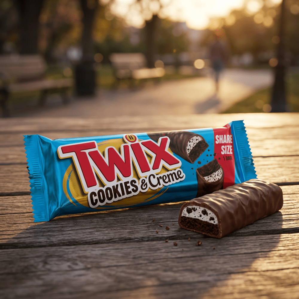 Le paquet de barres chocolatées Twix Cookies and Cream Share Size est posé sur une table de pique nique dans un parc en fin de journée – disponible sur My American Shop