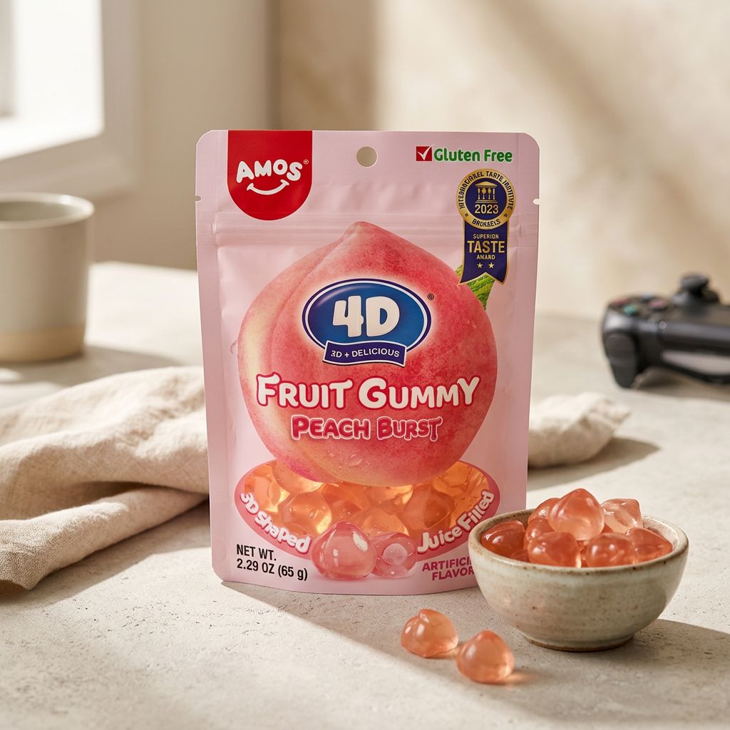 Amos 4D Fruit Gummy Peach, bonbons gélifiés multicouches saveur pêche, disponible sur My American Shop