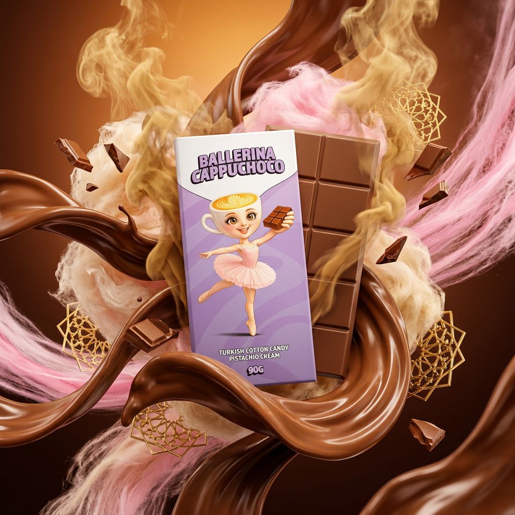 Ballerina Cappuchoco, tablette chocolat au lait barbe à papa cappuccino, The Original Dubai Chocolate, disponible sur My American Shop