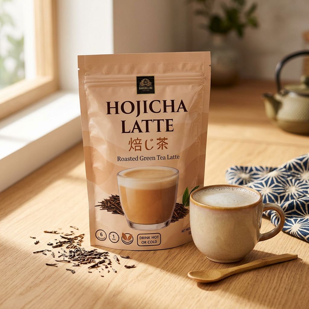 Bardollini Hojicha Latte en poudre, saveur thé torréfié japonais, format instantané, disponible sur My American Shop