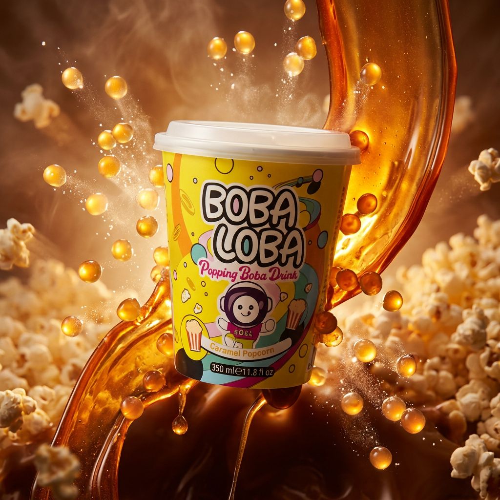 Boba Loba Caramel & Popcorn, boisson boba sucrée-salée avec billes éclatantes, disponible sur My American Shop