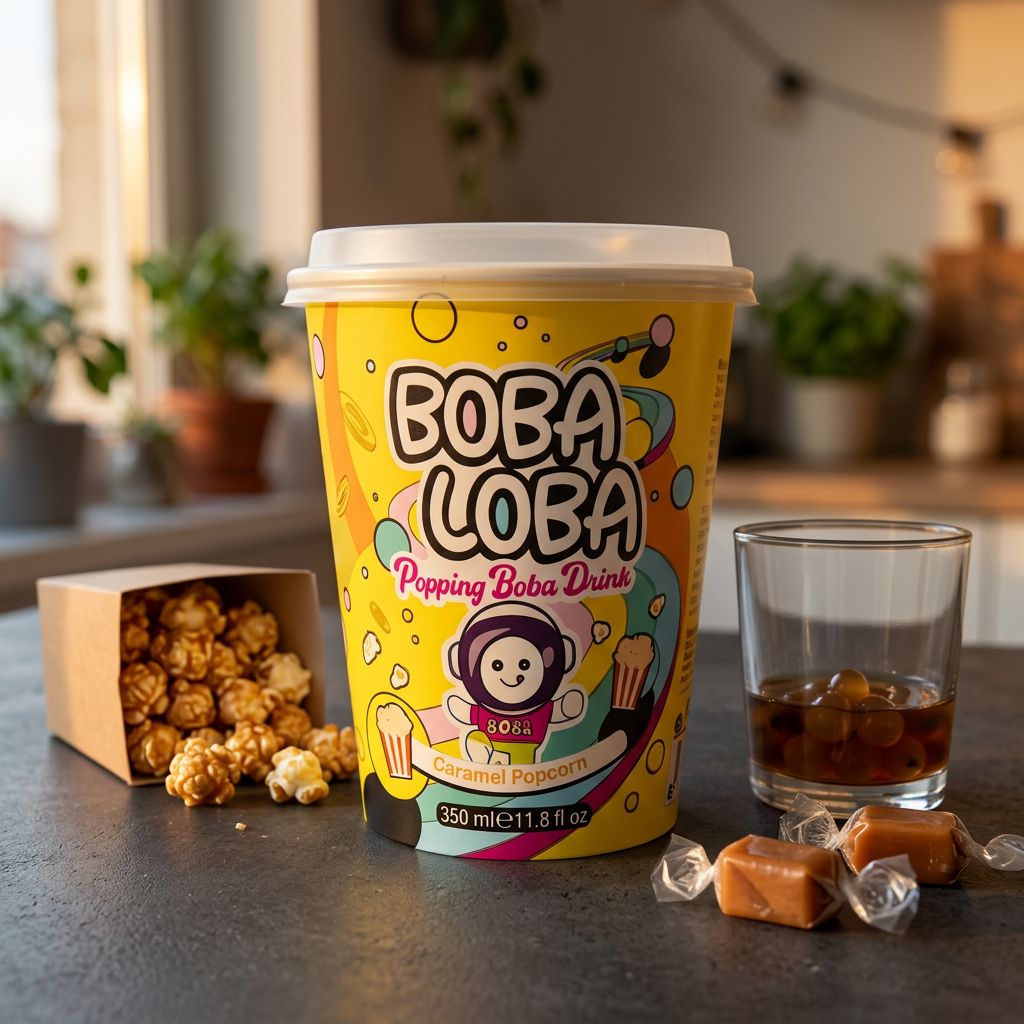 Boba Loba Caramel & Popcorn, boisson boba sucrée-salée avec billes éclatantes, disponible sur My American Shop