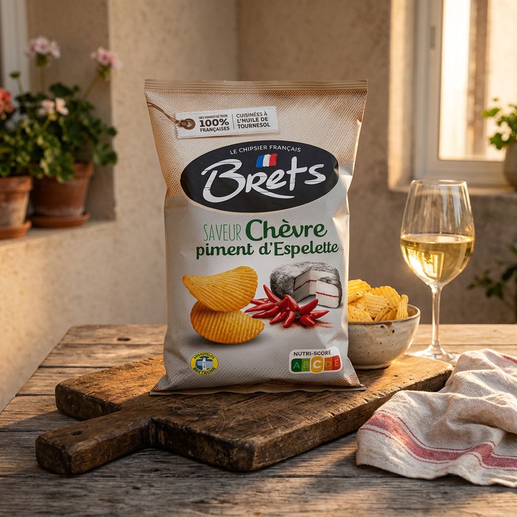 Chips Brets Fromage de Chèvre & Piment d'Espelette AOP, saveur intense, fabrication française, disponible sur My American Shop