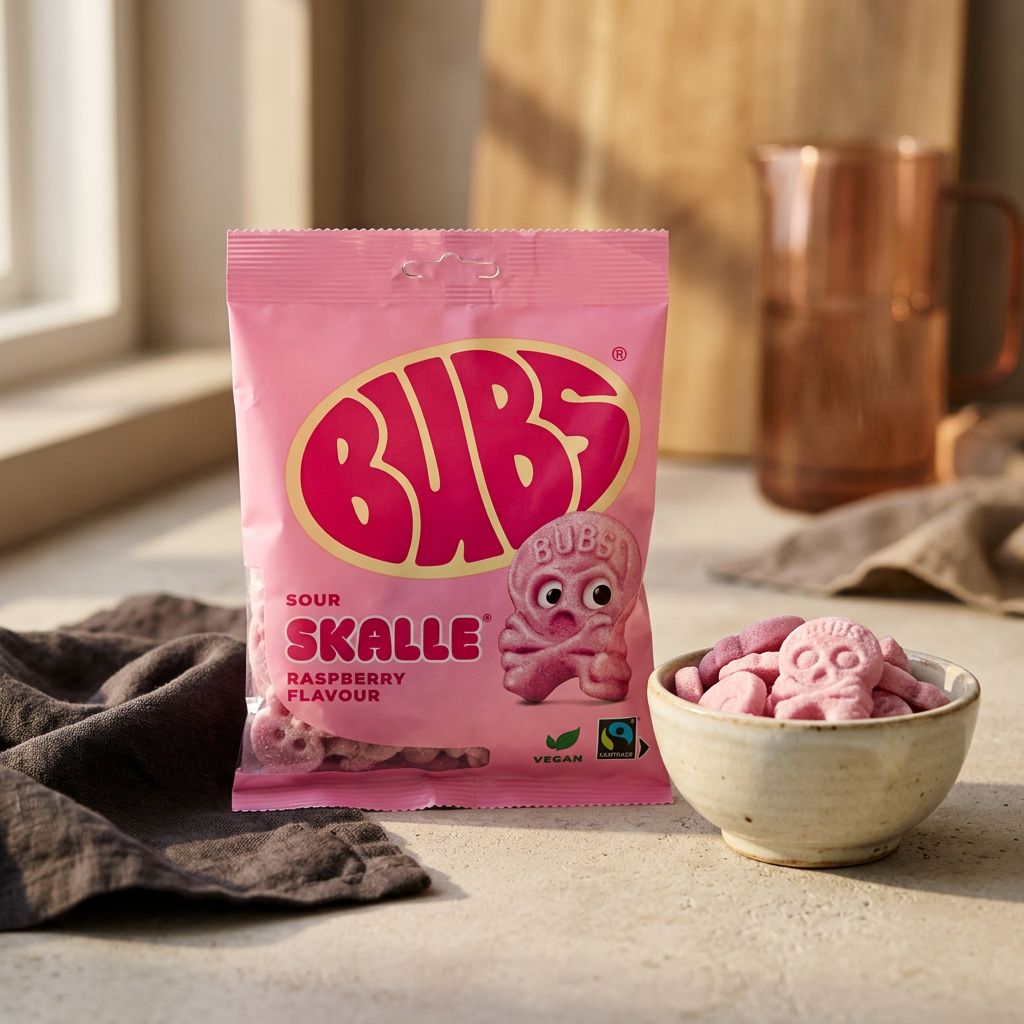 Bubs Godis Cool Foam Skulls Raspberry, bonbons mousse framboise têtes de mort suédois, disponible sur My American Shop