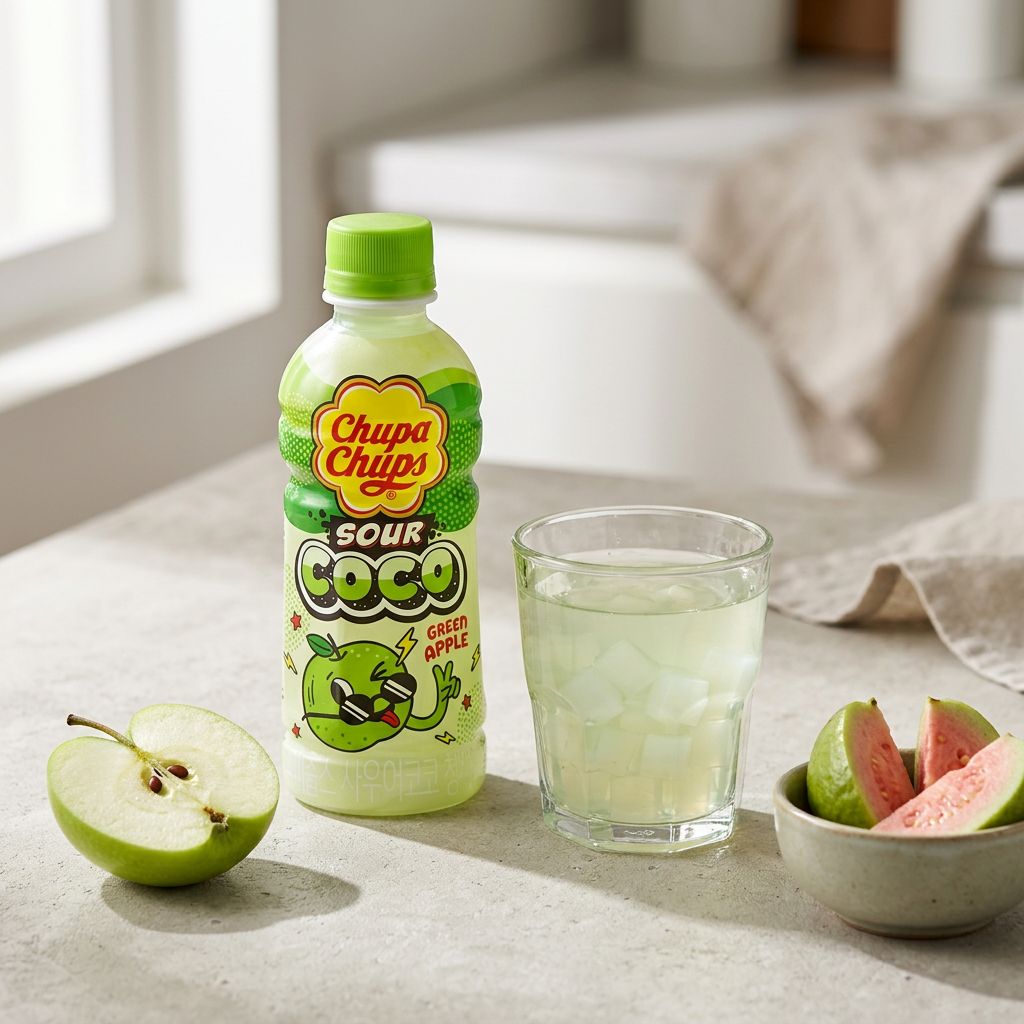 Chupa Chups Sour Coco Pomme Verte, soda acidulé avec morceaux de nata de coco, importé d'Asie, disponible sur My American Shop
