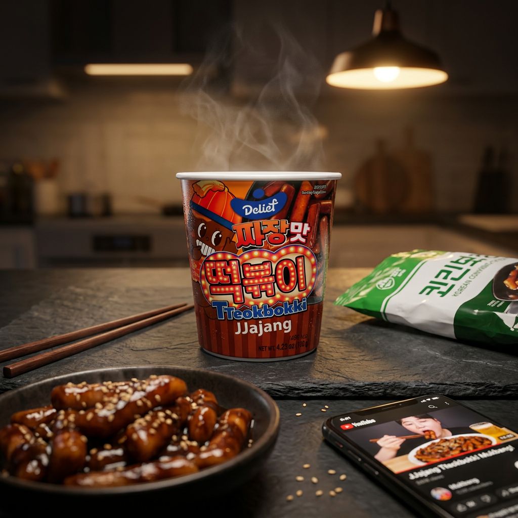 Delief Tteobokki Cup Jjajang, snack coréen instantané sauce soja noire, disponible sur My American Shop