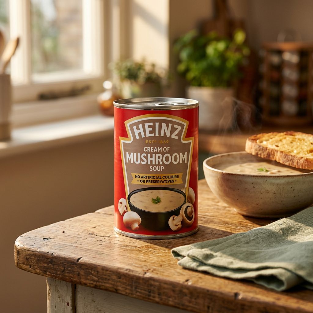 Heinz Cream of Mushroom, soupe crémeuse aux champignons en boîte, origine britannique, disponible sur My American Shop