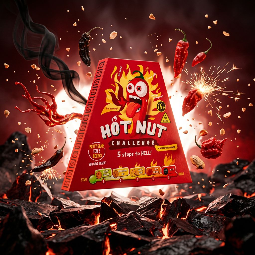 Hot Chip Hot Nut Challenge, cacahuète enrobée 9 piments extrêmes, format défi, marque danoise, disponible sur My American Shop