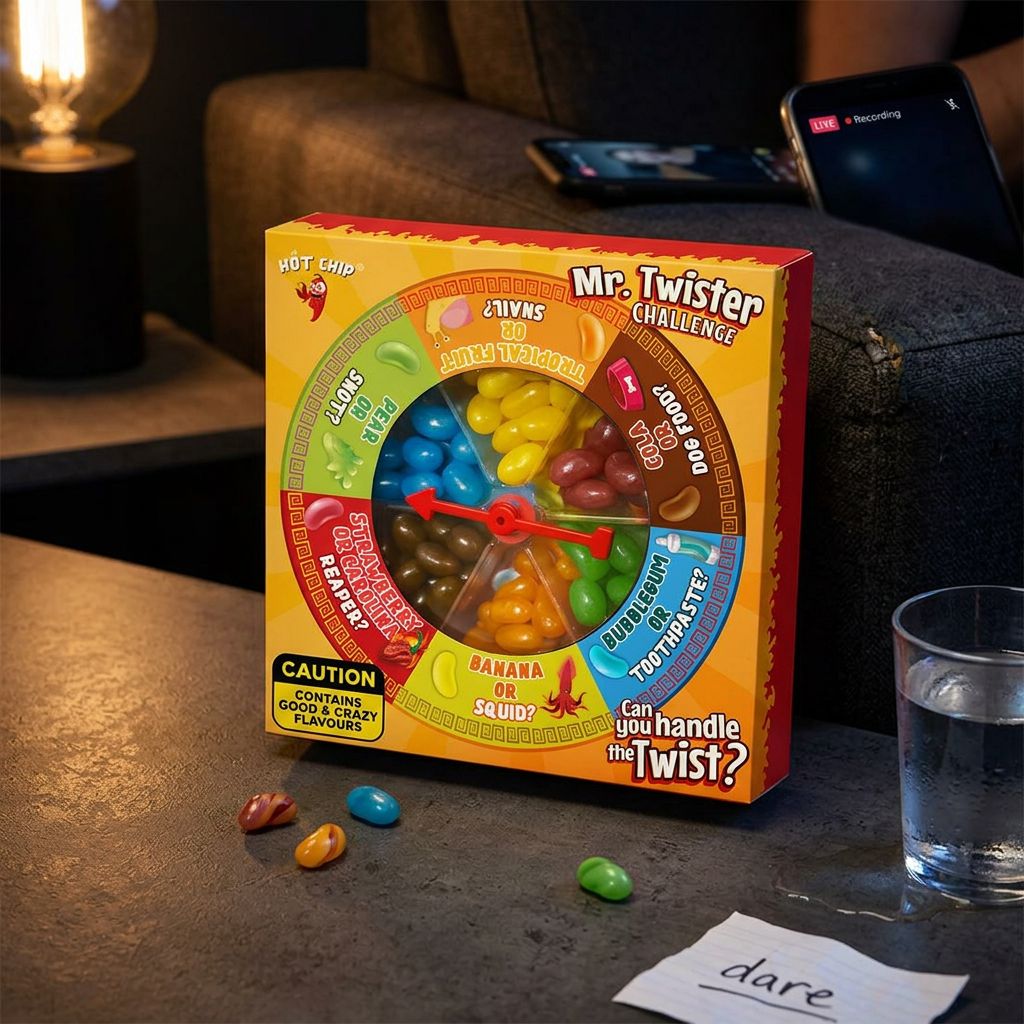 Hot Chip Mr Twister Challenge, bonbon pimenté avec roulette d'intensité, importé du Danemark, disponible sur My American Shop