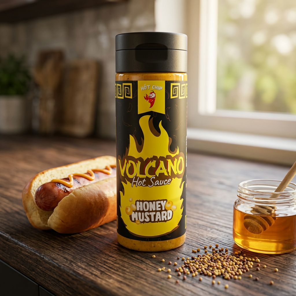 Hot Chip Volcano Chilli Mustard With Honey Hot Sauce au Ghost Pepper, disponible sur My American Shop