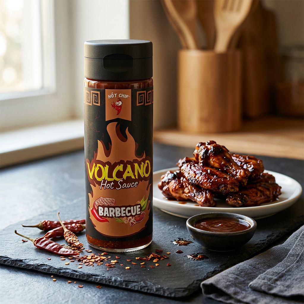Hot Chip Volcano Hot Sauce BBQ au piment Naga Bhut, sauce barbecue pimentée en bouteille, disponible sur My American Shop