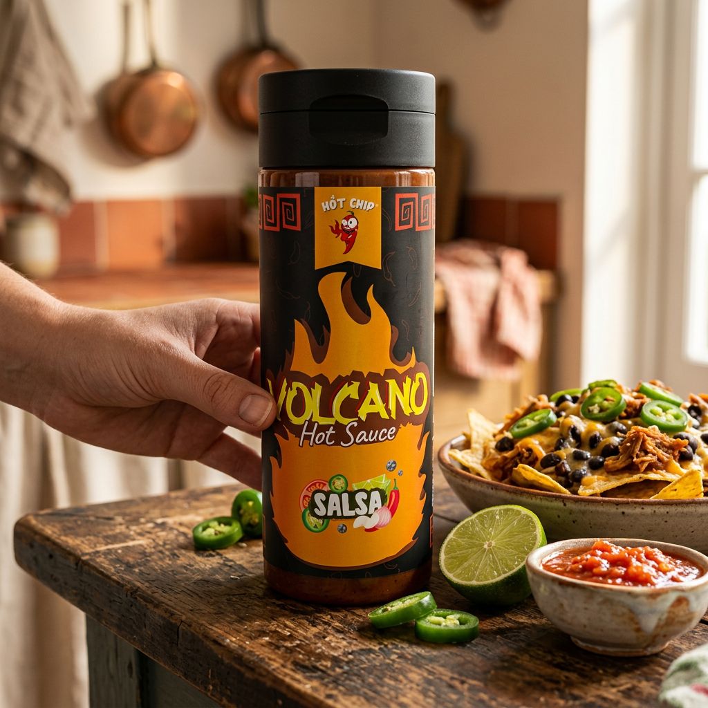 Hot Chip Volcano Salsa Hot Sauce au Ghost Pepper et Jalapeño, sauce pimentée importée, disponible sur My American Shop