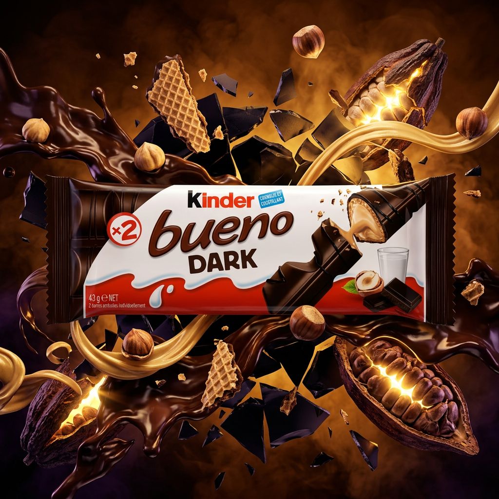 Kinder Bueno Dark, barre chocolat noir 30% et crème noisette en gaufrette croustillante, disponible sur My American Shop