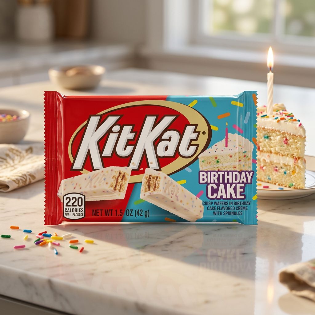 Kit Kat Birthday Cake edition US, chocolat blanc et sprinkles, barre importee Amerique, disponible sur My American Shop