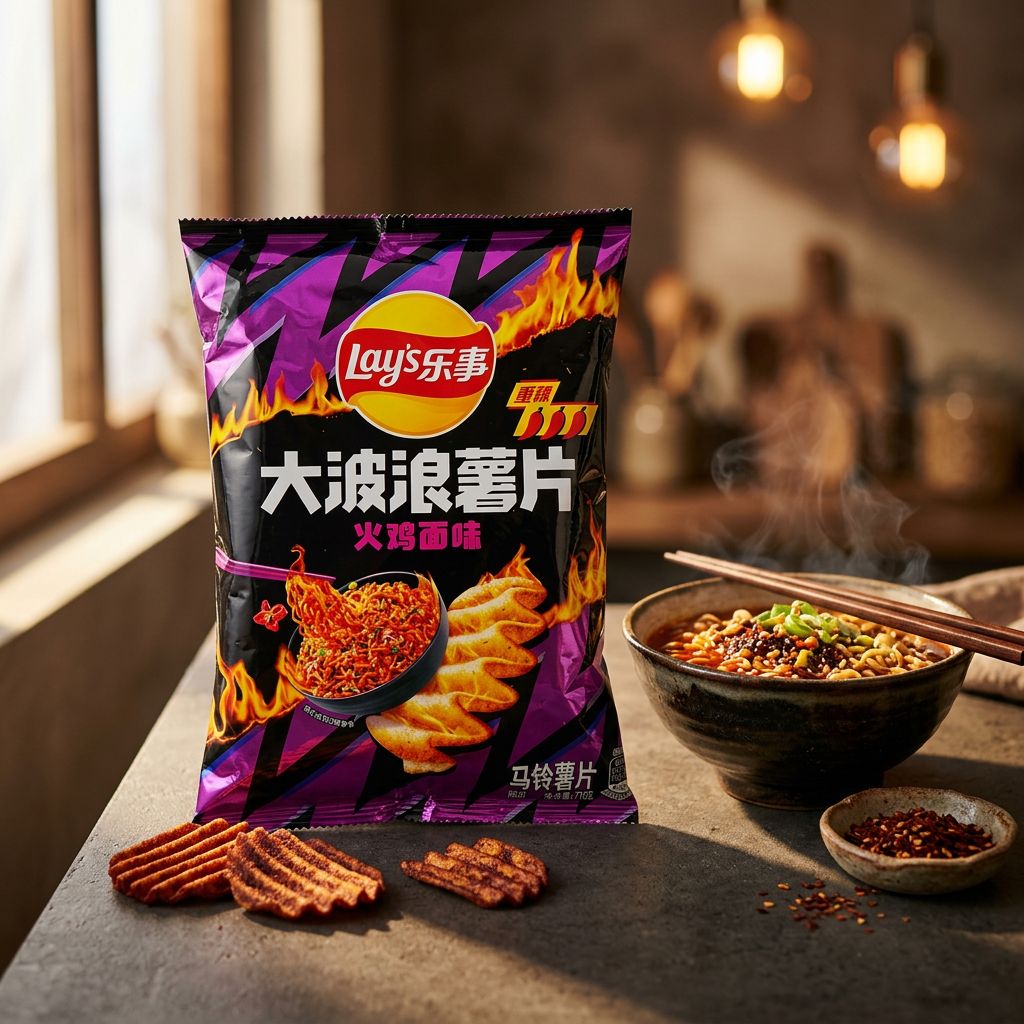 Lay's Big Wave Hot Chicken Noodle, chips ondulées saveur ramen épicé venues d'Asie, disponible sur My American Shop