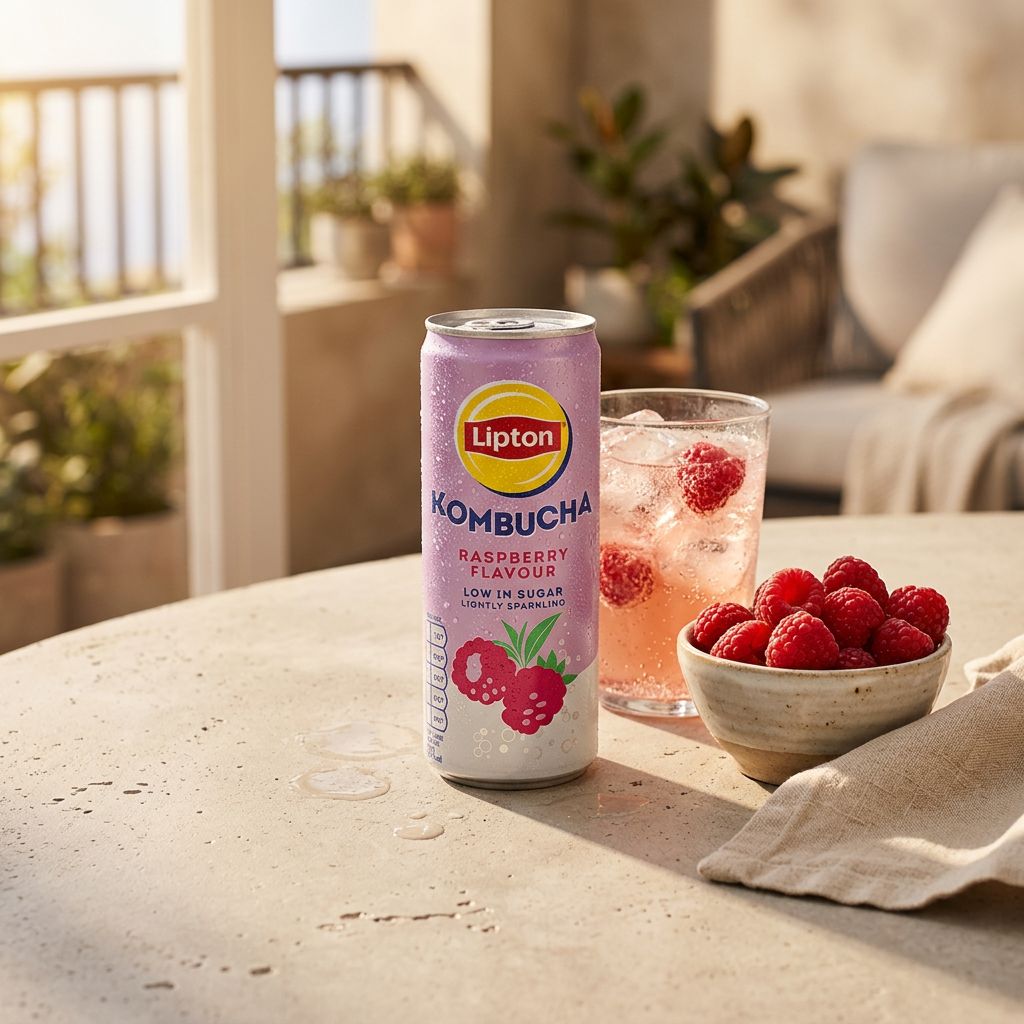Lipton Kombucha Raspberry, boisson fermentée pétillante américaine framboise en canette, disponible sur My American Shop