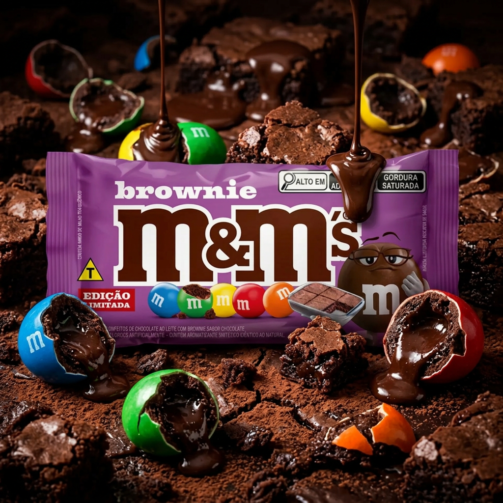 M&M's Brownie, dragées chocolat au lait importées des États-Unis avec coeur fondant saveur brownie cacaoté intense, coque sucrée colorée croquante, snack américain authentique disponible sur My American Shop.