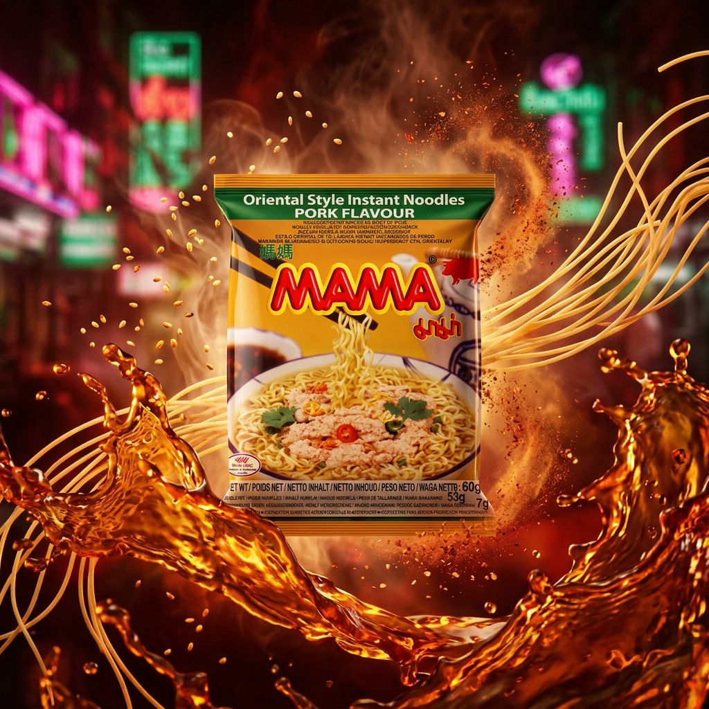 Mama Instant Noodles Pork, ramen thaï saveur porc épicé au sésame, sachet 55g, disponible sur My American Shop