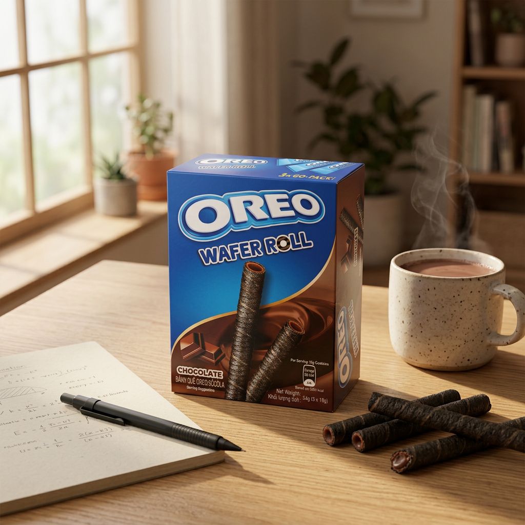Oreo Wafer Roll Chocolate, gaufrette roulée au cacao et crème vanille, format snack asiatique, disponible sur My American Shop