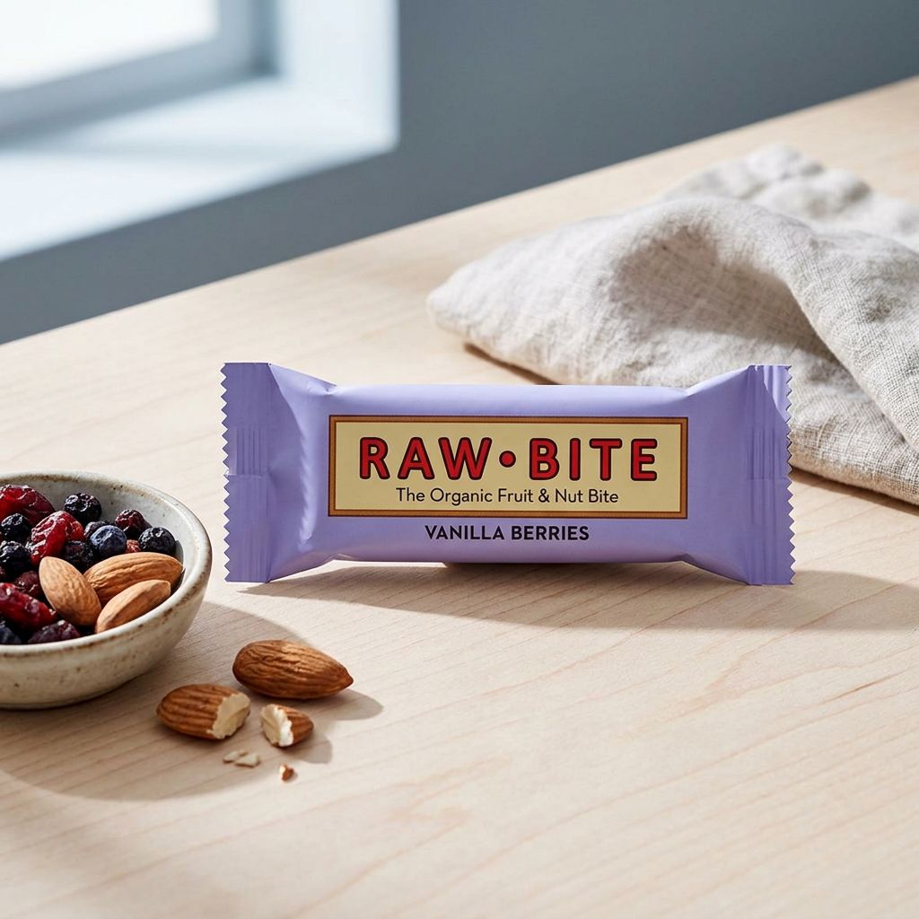 Barre bio Rawbite Vanilla Berries aux fruits secs et noix, sans gluten, origine Danemark, disponible sur My American Shop