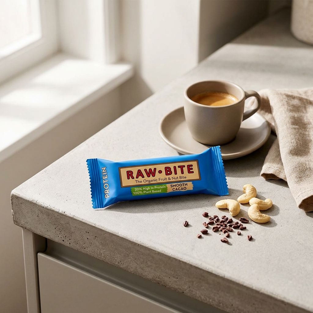 Barre protéinée bio Rawbite Organic Protein Smooth Cacao, vegan, 21g protéines, disponible sur My American Shop