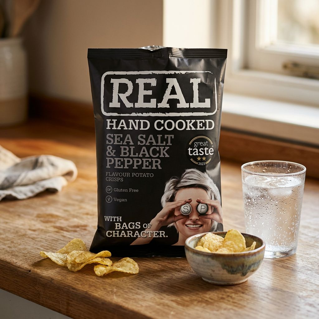 Real Crisp chips sel marin poivre noir, cuisson artisanale, format small, origine UK, disponible sur My American Shop
