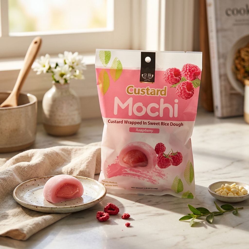 Royal Family Custard Mochi Framboise, snack taiwanais premium fourré crème framboise, disponible sur My American Shop