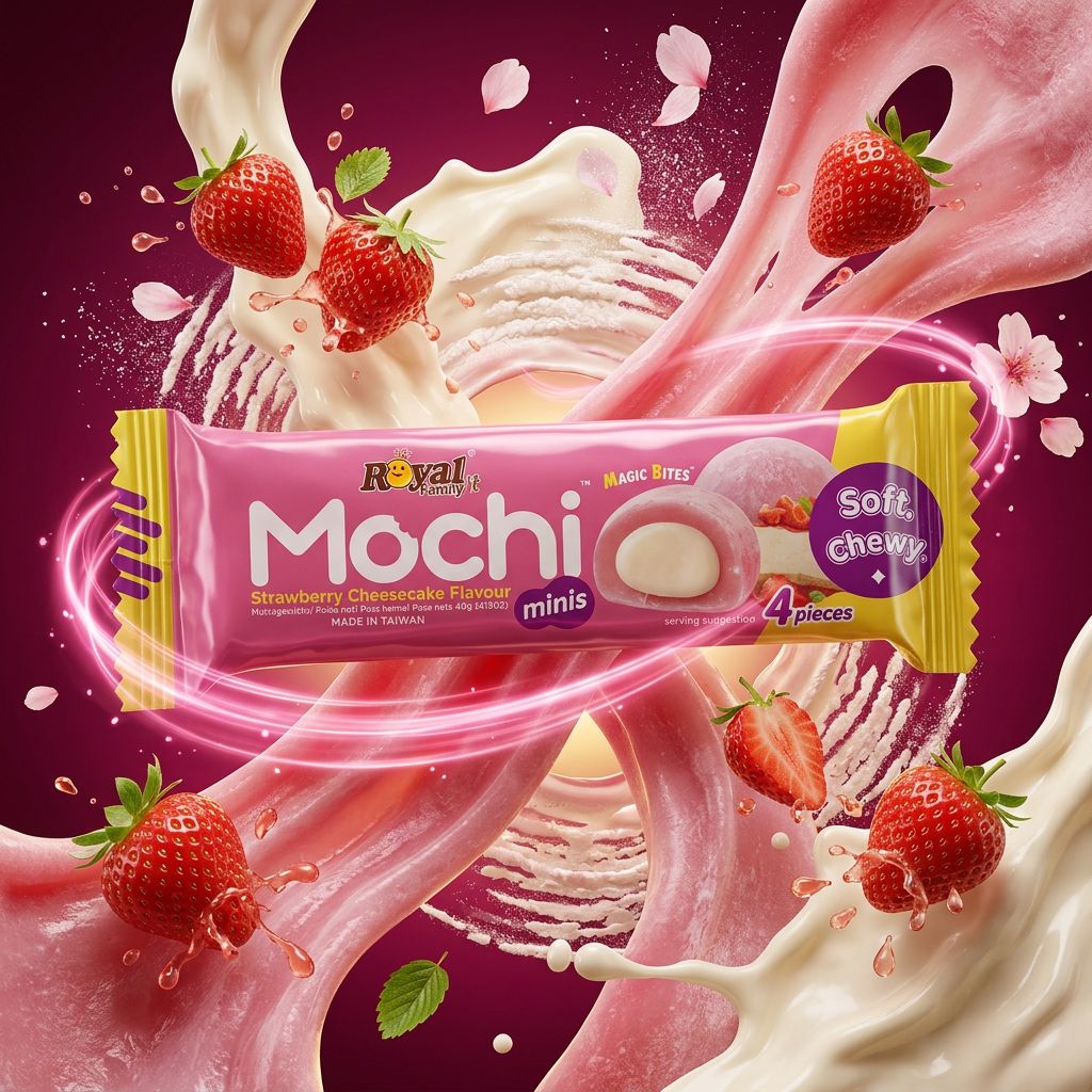 Royal Family Mochi Mini Strawberry Cheesecake, format mini, saveur fraise, marque taïwanaise, disponible sur My American Shop