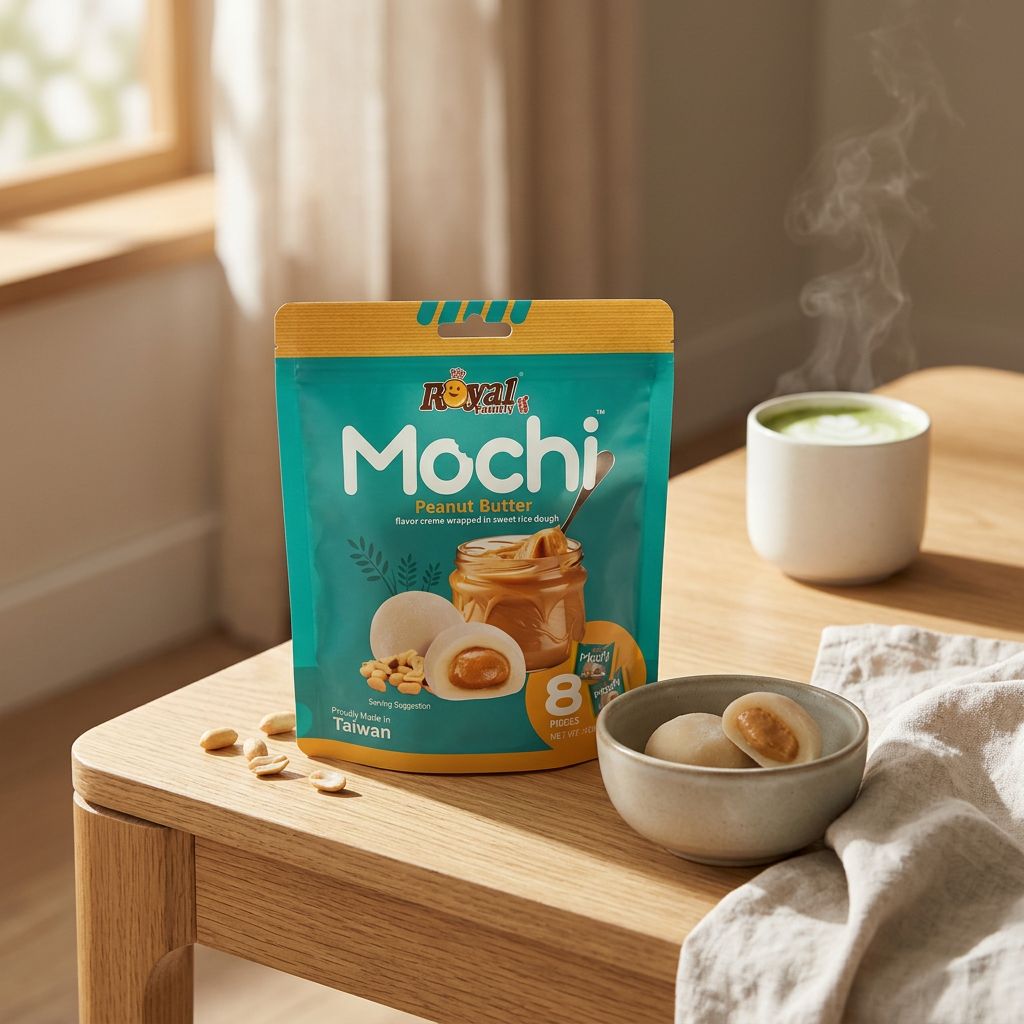Royal Family Mochi Small Peanut Butter, bouchées riz gluant fourrage cacahuète, format snack, origine Taïwan, disponible sur My American Shop