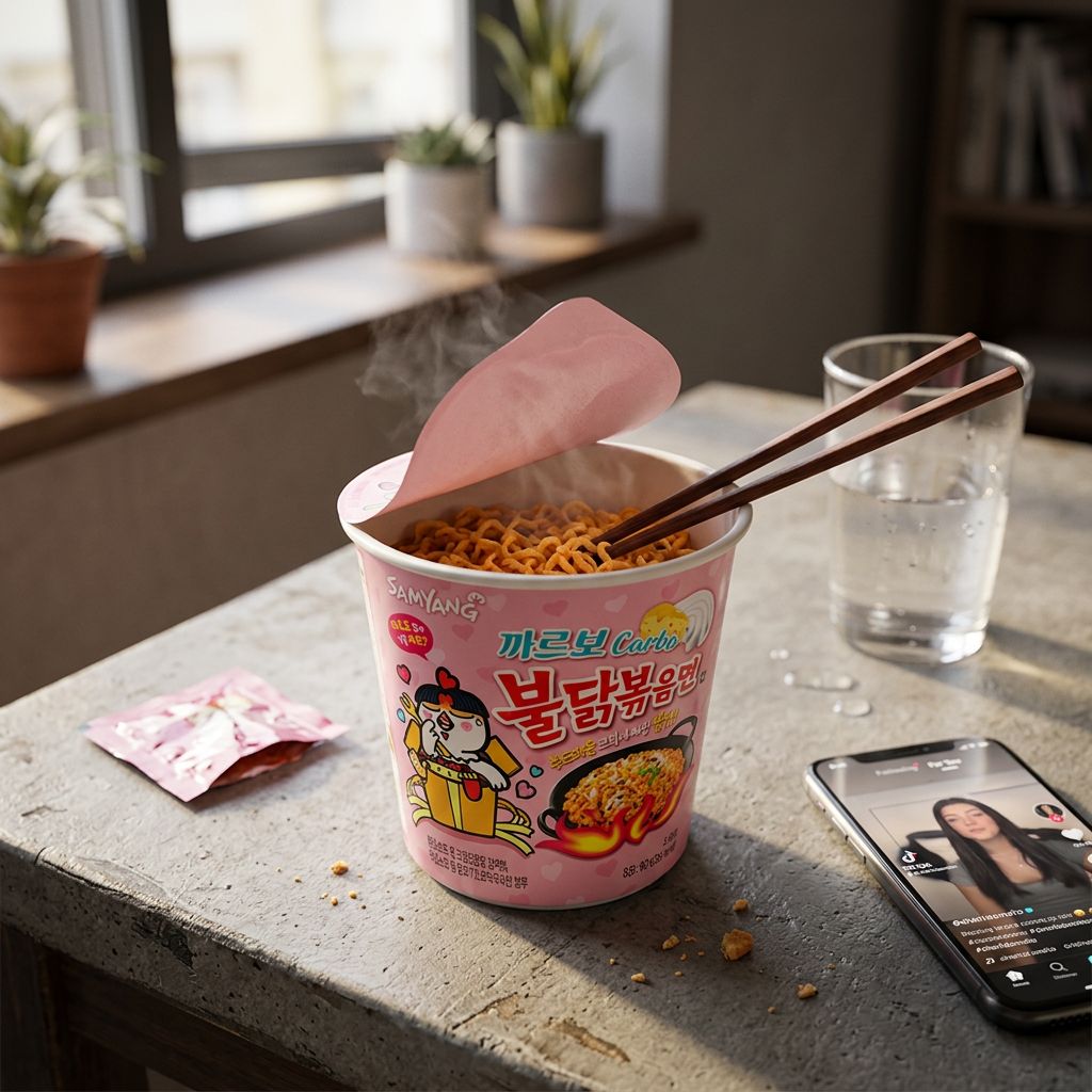 Samyang Buldak Ramen Small Cup Carbonara, ramen coréen épicé crémeux format cup, disponible sur My American Shop