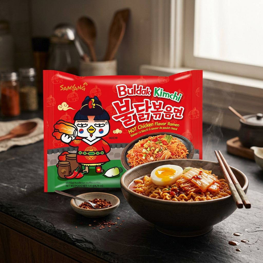 Samyang Ramen Hot Chicken Kimchi, nouilles coréennes épicées instantanées au kimchi, disponible sur My American Shop