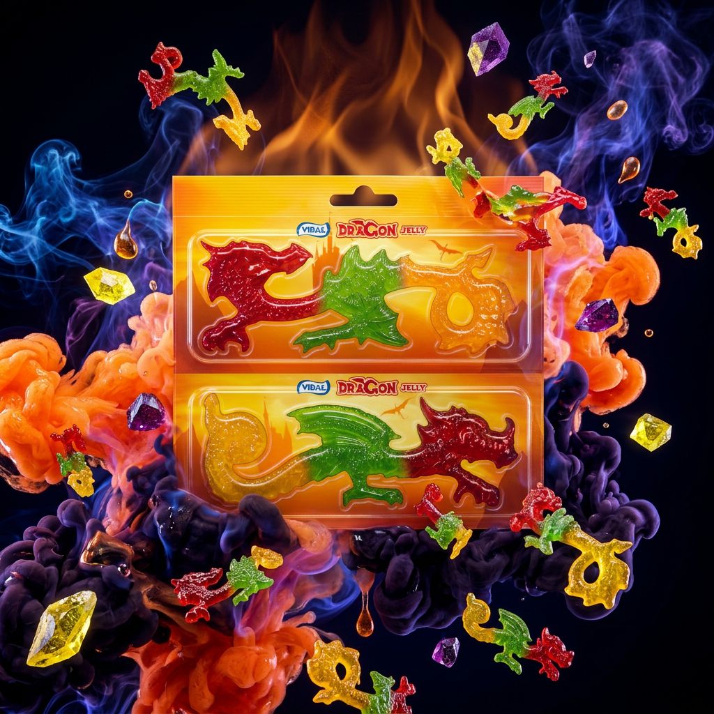 Vidal Dragon Jelly, bonbons gélifiés dragons fruités citron cassis, confiserie espagnole, disponible sur My American Shop