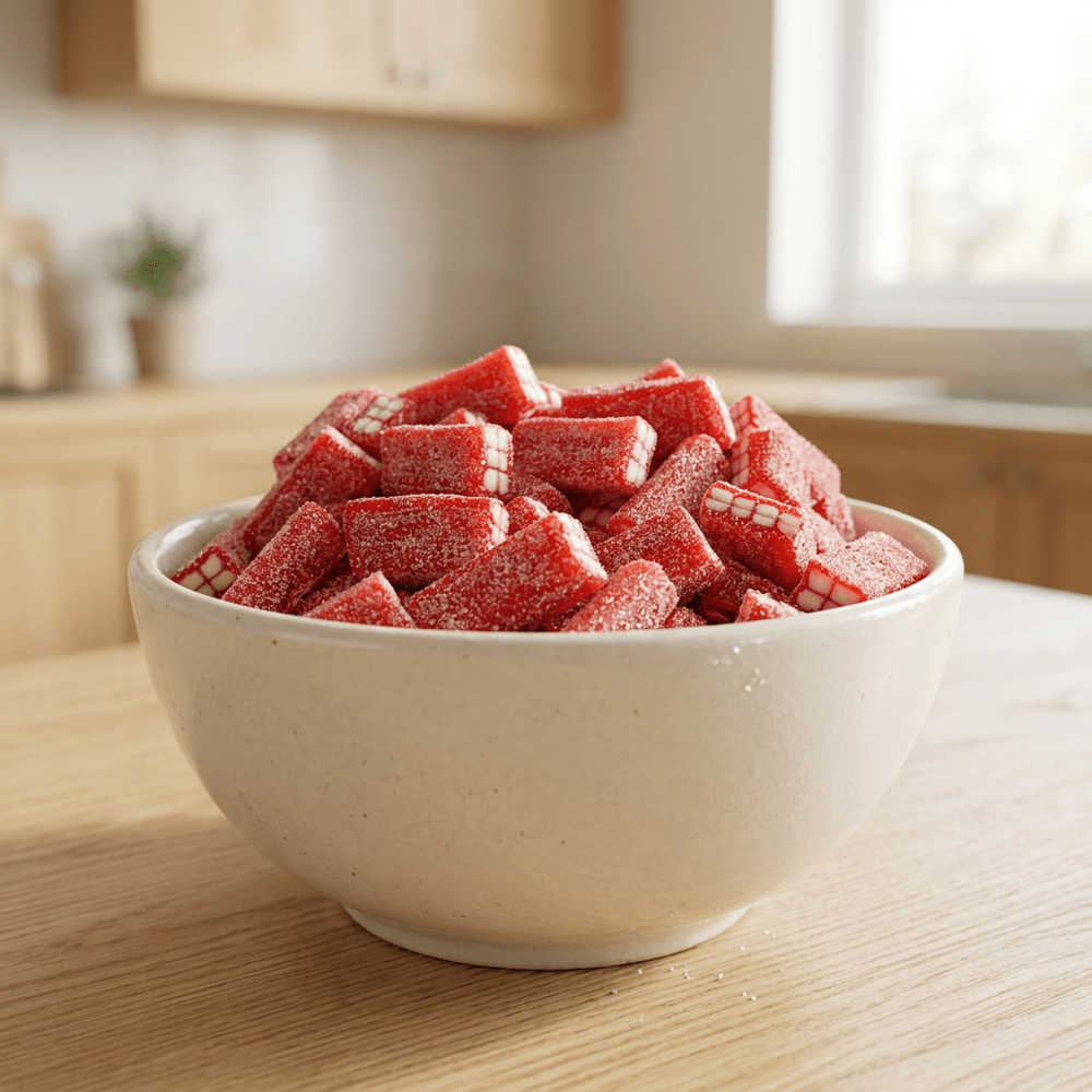 Bonbons Vidal Sour Bricks Strawberry Pick'n Mix présentés dans un bol | My American Shop