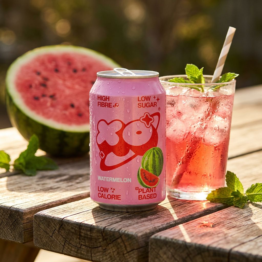 Canette XOXO Soda Watermelon, soda pastèque pétillant prébiotique américain faible en calories, disponible sur My American Shop