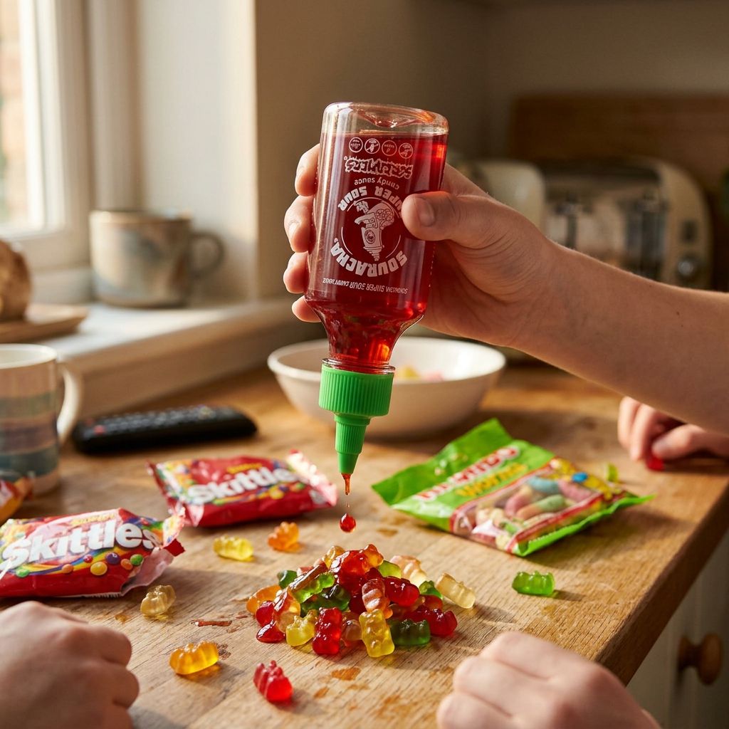 Zed Candy Souracha Super Sour Sauce, sauce bonbon liquide ultra-acide format bouteille, disponible sur My American Shop
