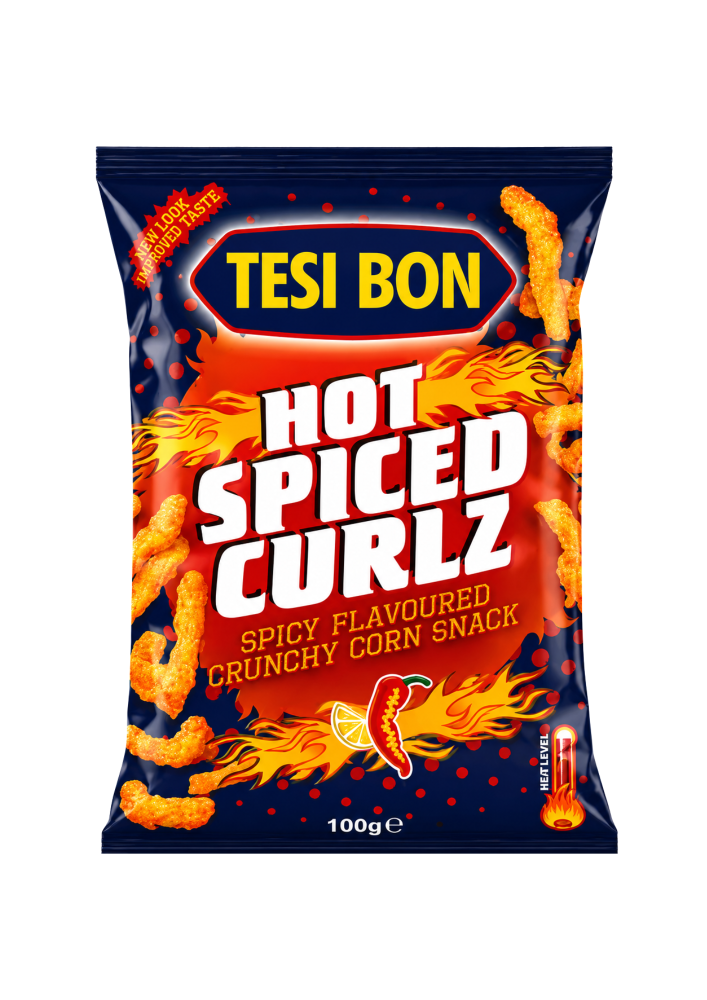 Tesi Bon Hot Spiced Curls, boucles snack pimentées cuites au four, packaging orange épicé