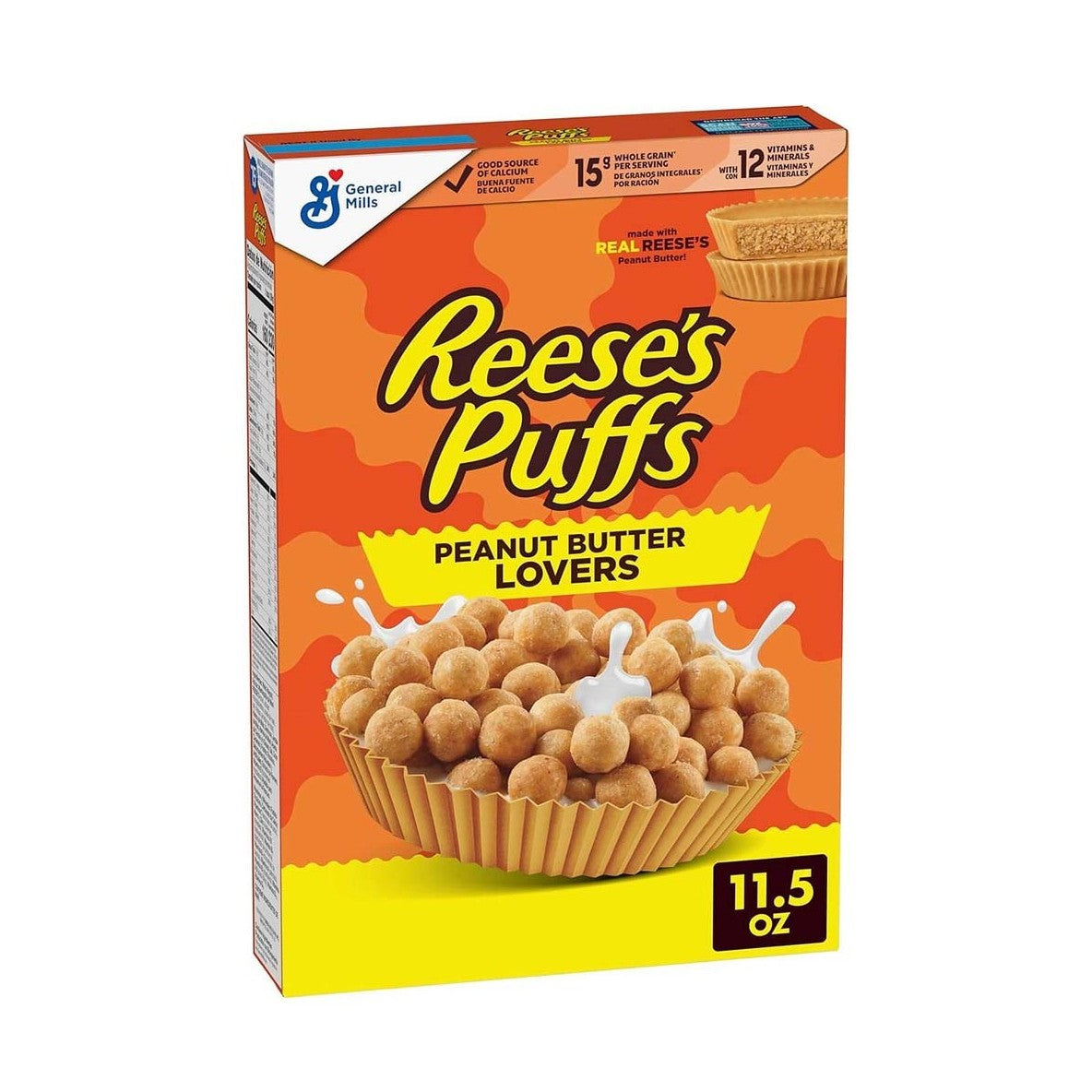 Un carton orange sur fond blanc avec un bol en forme de Reese's cup rempli de petites boules beiges