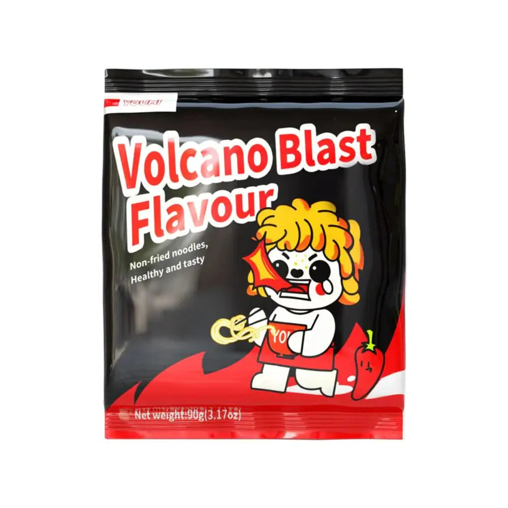 Un emballage rouge et noir avec un personnage qui crache du feu avec un bol rouge dans la main et un petit piment rouge, le tout sur fond blanc
