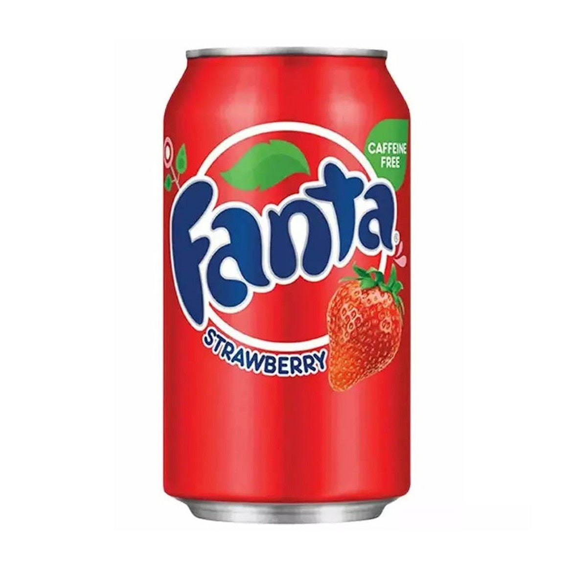 Une canette rouge sur fond blanc avec le logo Fanta et à droite une fraise