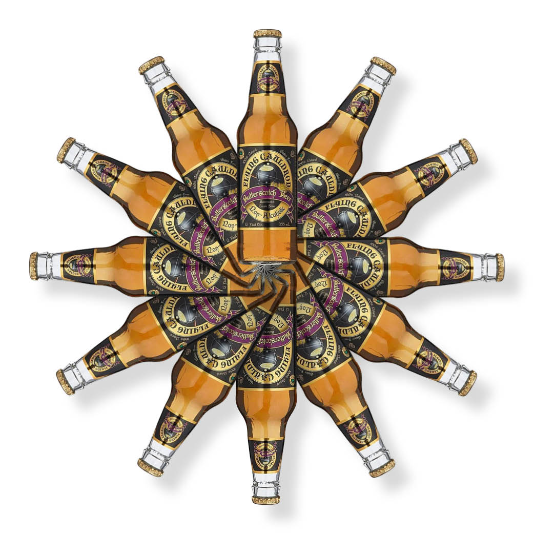 Plusieurs bouteilles en verre avec une boisson brune entassées les unes sur les autres sur un fond blanc. Le tout forme une rosace