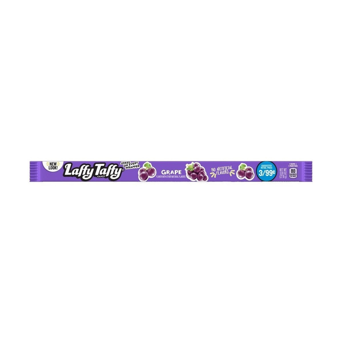 Un emballage mauve en forme de long bâtonnet avec 3 grappes de raisins, le tout sur fond blanc
