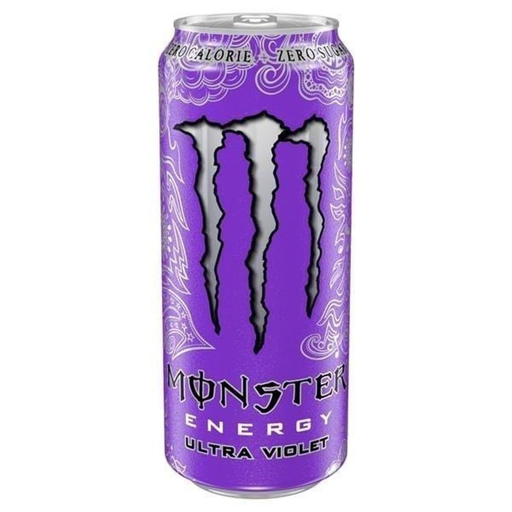 Une canette mauve sur fond blanc avec au centre le logo argenté de Monster, un grand M. Sur les côtés des motifs en forme de mandalas argentés