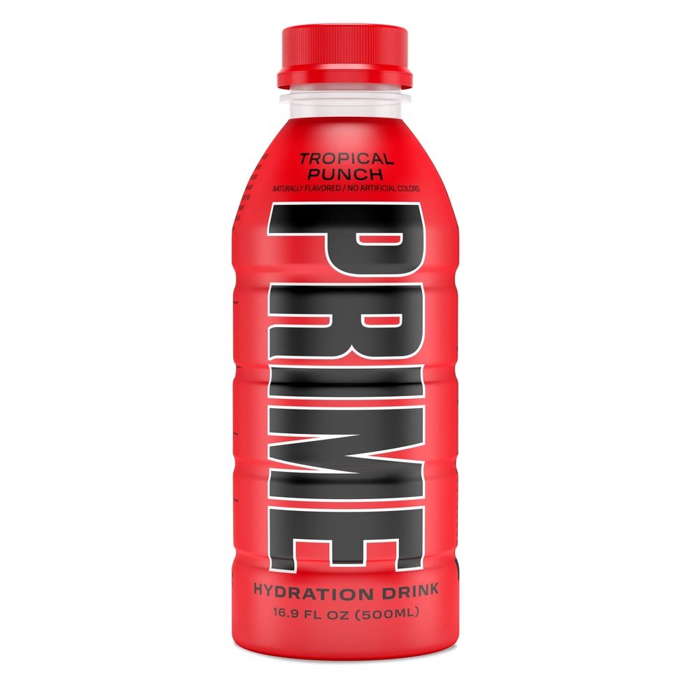 Une bouteille rouge avec un capuchon rouge, au centre il est écrit verticalement « Prime » en noir. Le tout sur fond blanc