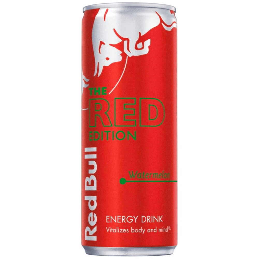Une longue canette rouge avec au-dessus un taureau gris argenté et en-dessous il est écrit « The Red Edition », le tout sur fond blanc