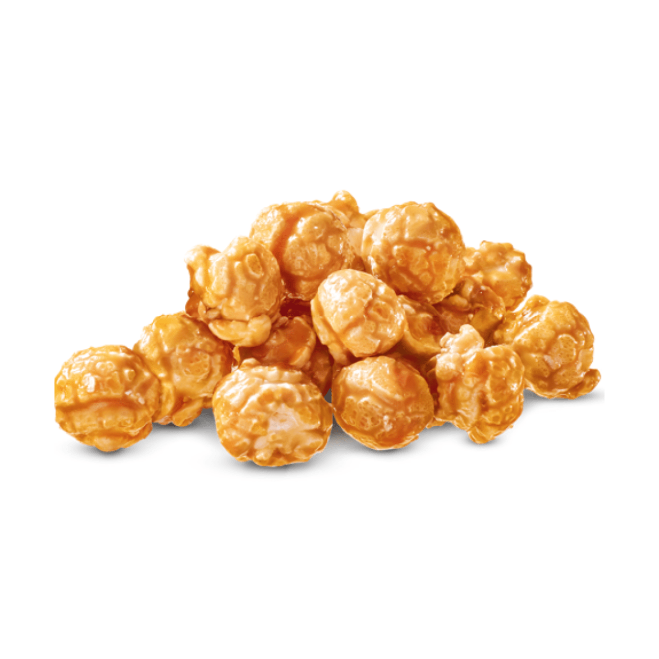 Un petit tas de popcorn recouvert de caramel, le tout sur fond blanc