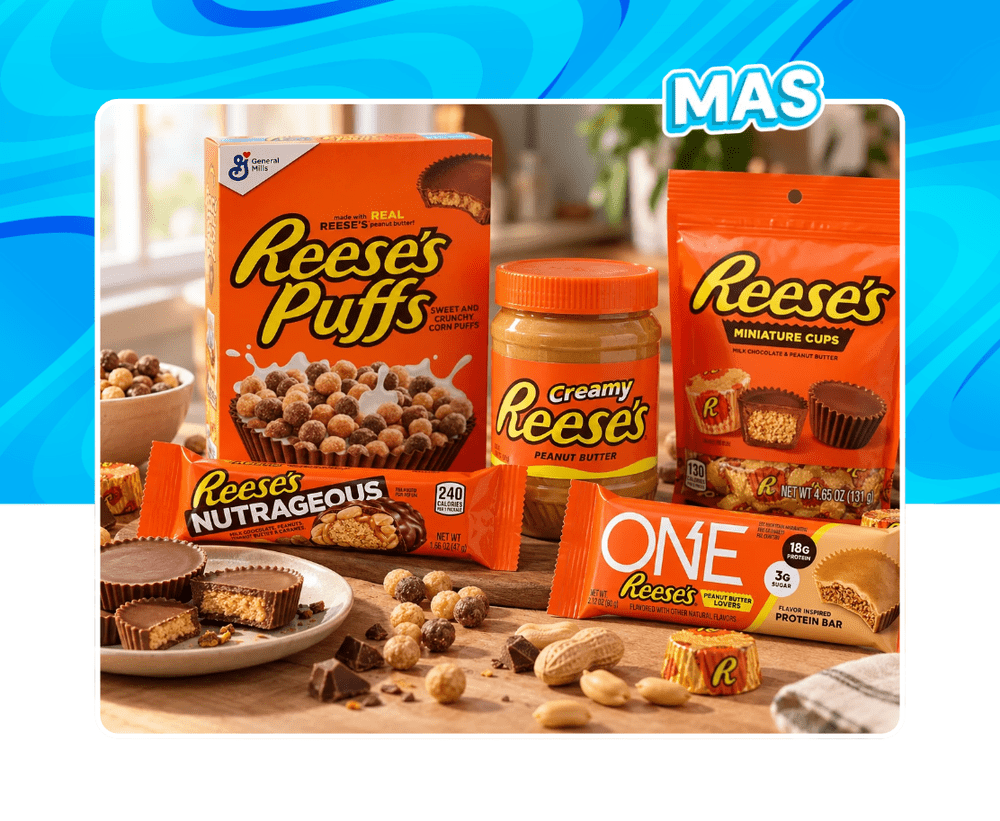 Assortiment de produits Reese's avec céréales Puffs, beurre de cacahuète, chocolats et barres chocolatées américaines.